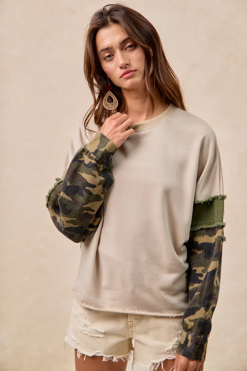 IT4603S-03 | FRENCH TERRY WITH CAMO SLEEVE TOP WITH FRAYED EDGE Sporty Fit Daily Wear