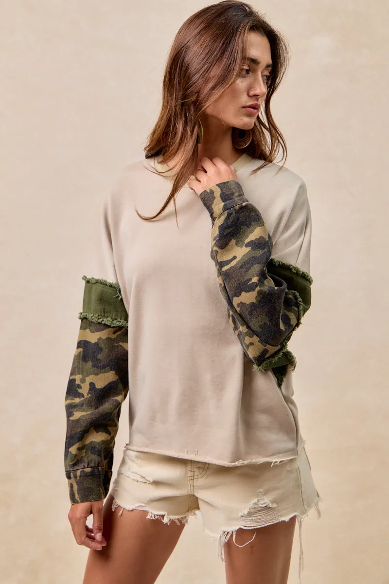 IT4603S-03 | FRENCH TERRY WITH CAMO SLEEVE TOP WITH FRAYED EDGE Smart Casual Waterproof Fabric
