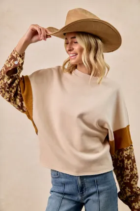 Everyday Layers IT4603S-04 | FRENCHTERR WITH FLORAL CORDUROY SLEEVES TOP