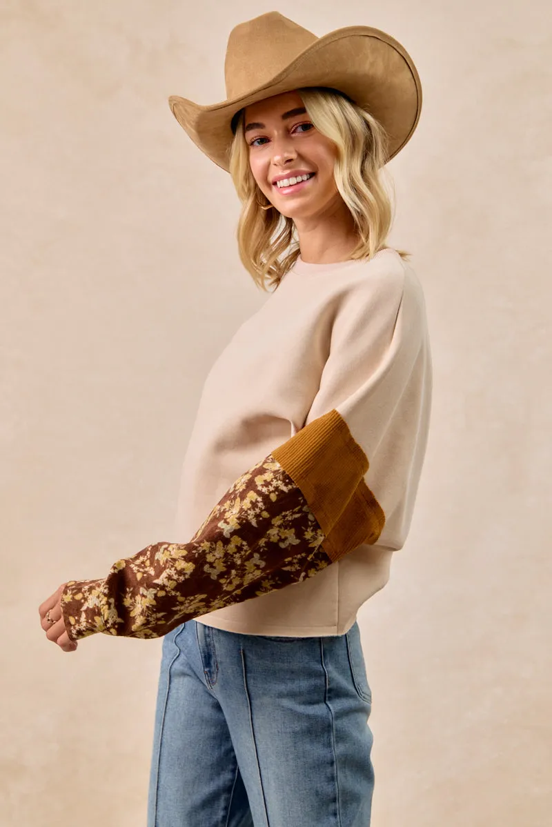 Fit For Travel IT4603S-04 | FRENCHTERR WITH FLORAL CORDUROY SLEEVES TOP