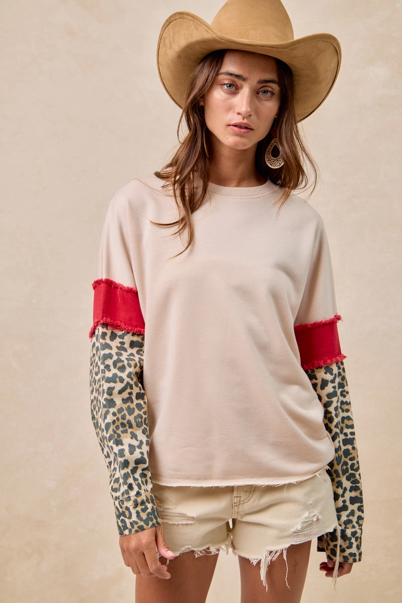 IT4603S-01 | FRENCH TERRY WITH LEOPARD SLEEVES TOP Stay Fresh Streetwear vibe