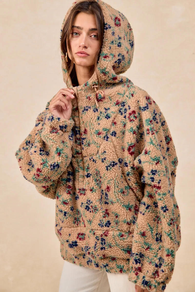 Clean Edge Piece IT4610G-03 | FLORAL PRINT OVERLOCK STITCH SHERPA HOOD JACKET