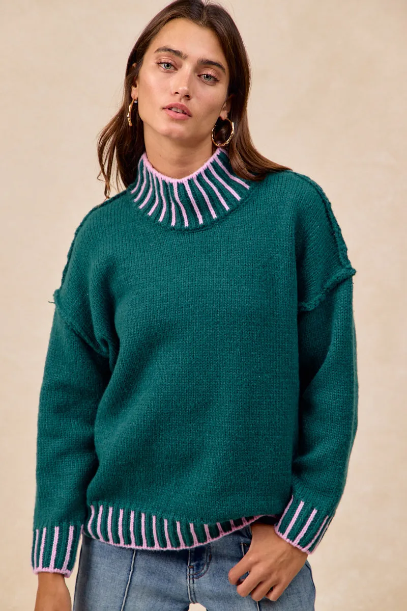 Chic Style Soft Support IT4611K-01 | WHIP STITCH SWEATER WITH TURTLE NECK AND OUTSEAM