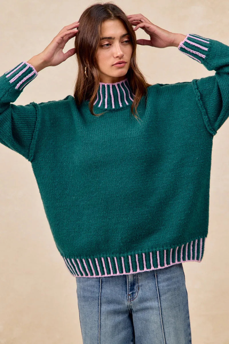Compact Layer Affordable Fashion IT4611K-01 | WHIP STITCH SWEATER WITH TURTLE NECK AND OUTSEAM
