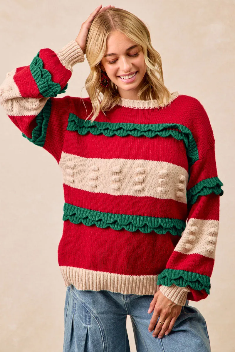 IT4617H-01 | CHRISTMAS THEME RUFFLED DETAILS SWEATER TOP Effortless Style