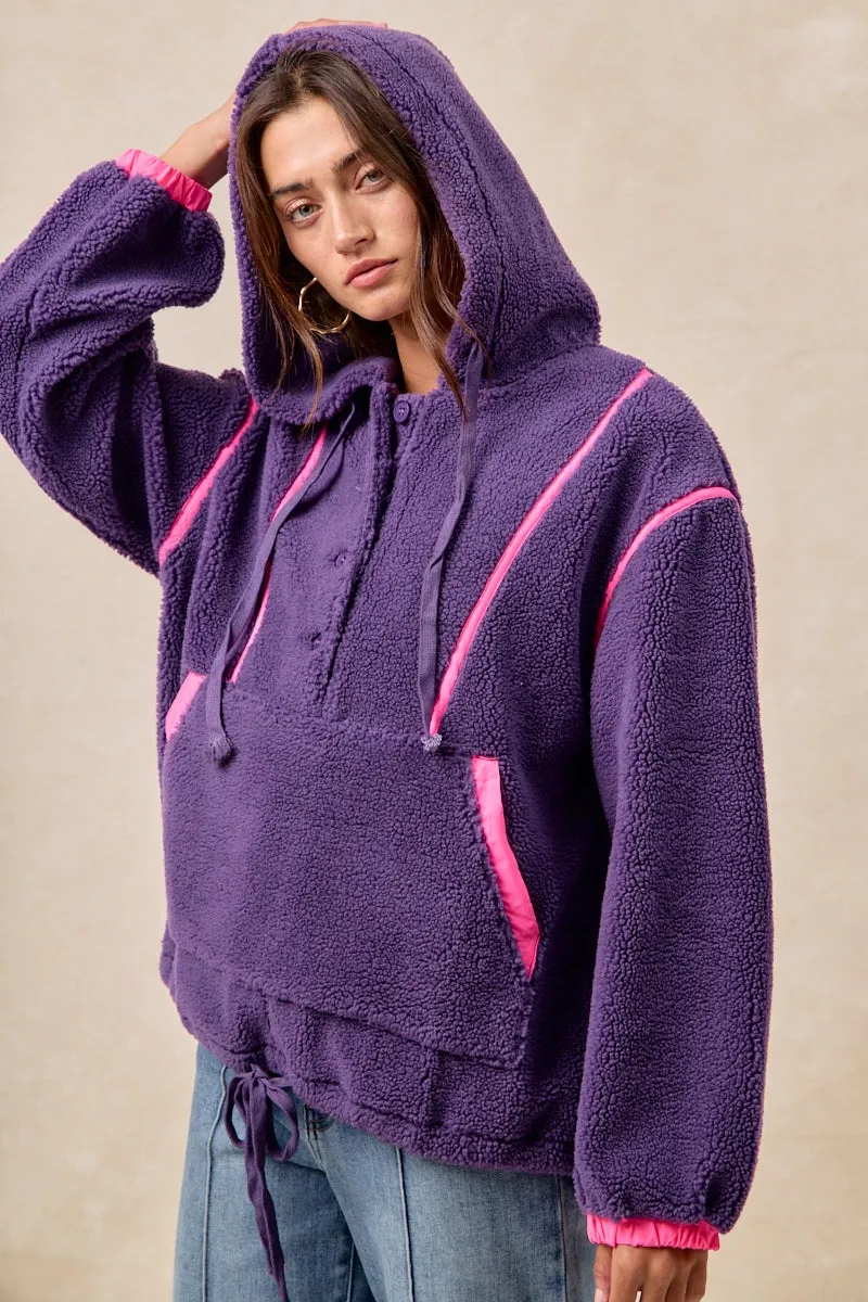 IT4624S-04 | SHERPA BUTTONED HOODIE TOP WITH CONTRAST BINDING Seasonal Trend