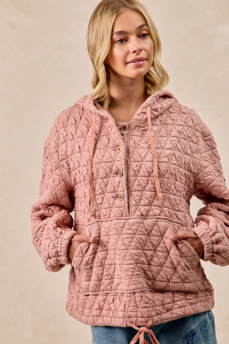 Compact Design Fashion Forward Layer IT4624S-03 | QUILITING KNIT BUTTONED HOODIE TOP WITH POCKET