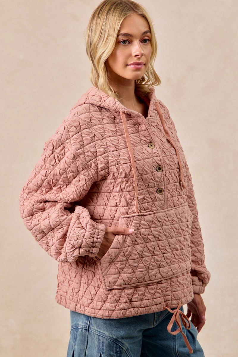 Everyday Layers Warm Essentials IT4624S-03 | QUILITING KNIT BUTTONED HOODIE TOP WITH POCKET