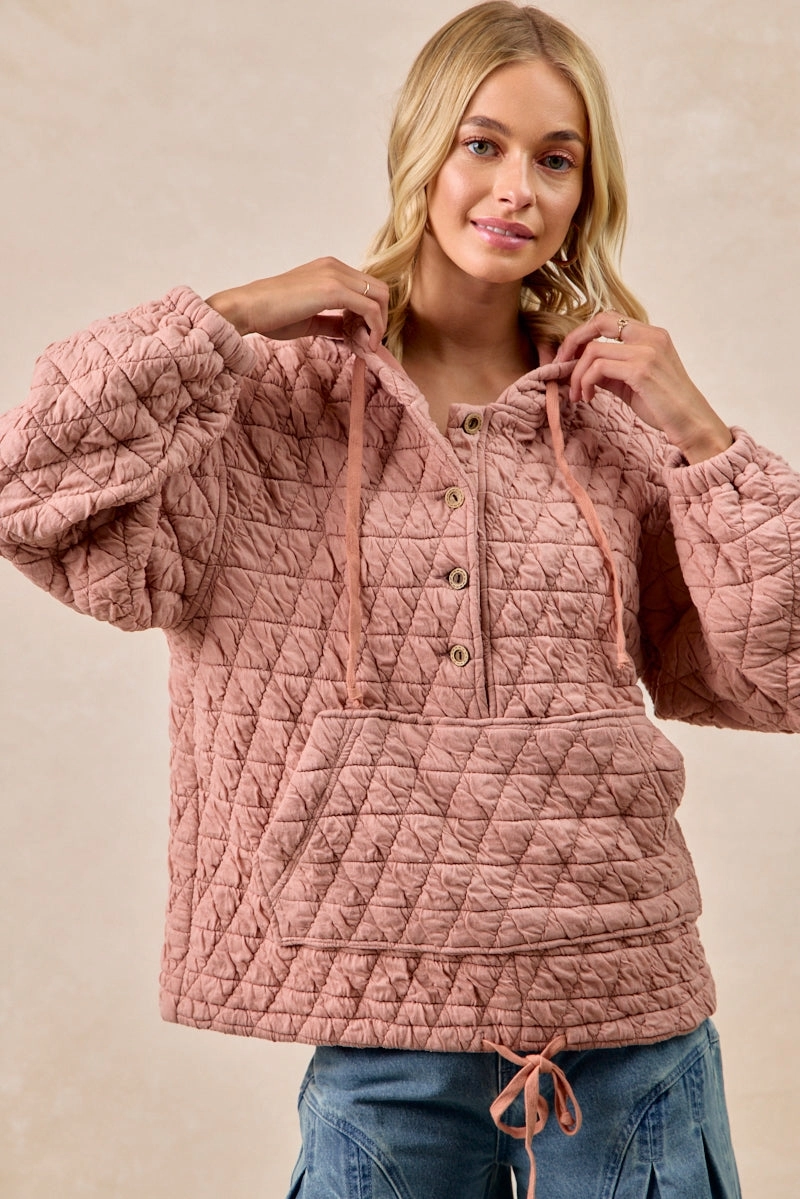 Comfortable Feel IT4624S-03 | QUILITING KNIT BUTTONED HOODIE TOP WITH POCKET