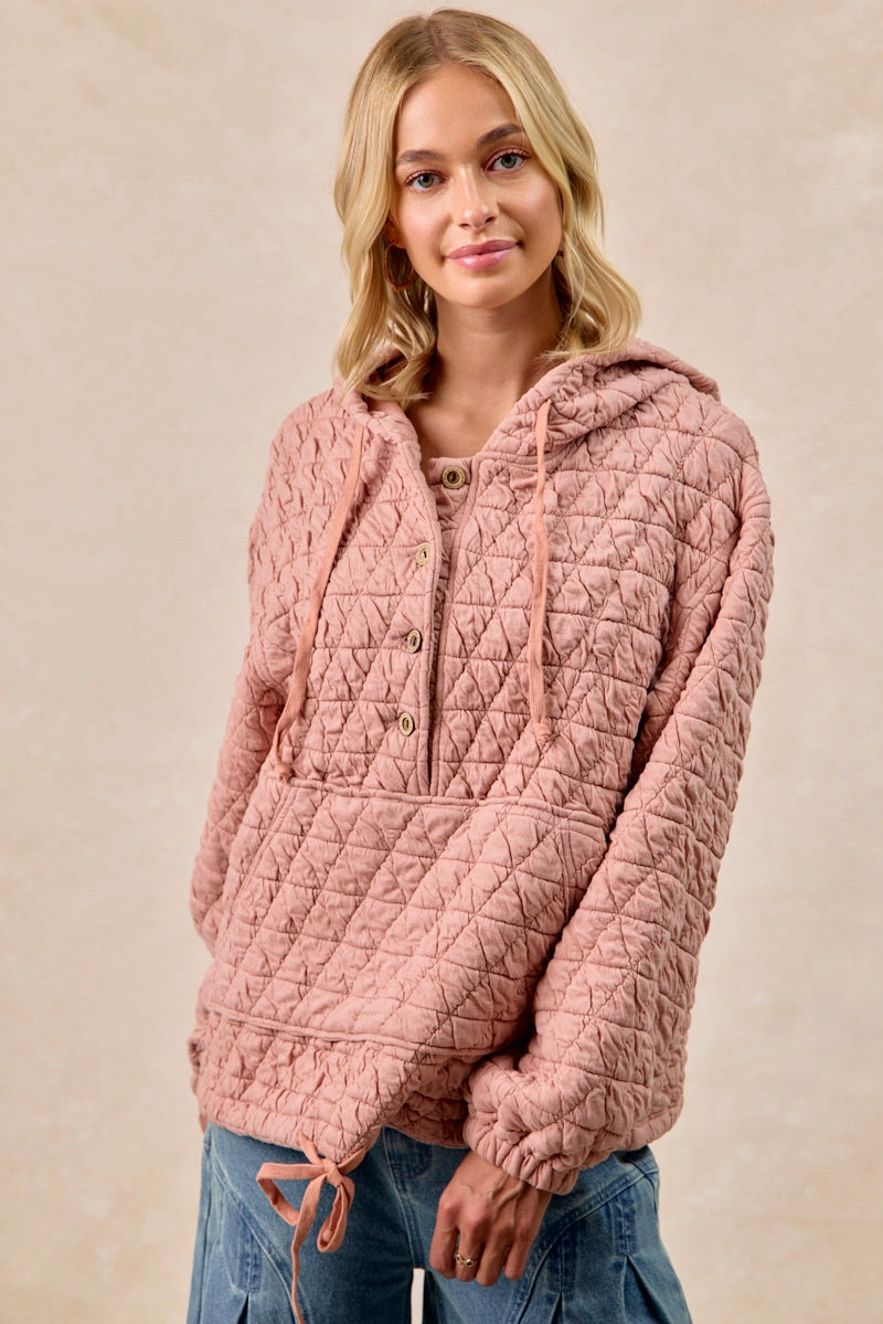 IT4624S-03 | QUILITING KNIT BUTTONED HOODIE TOP WITH POCKET Active Style Soft Weather Wear