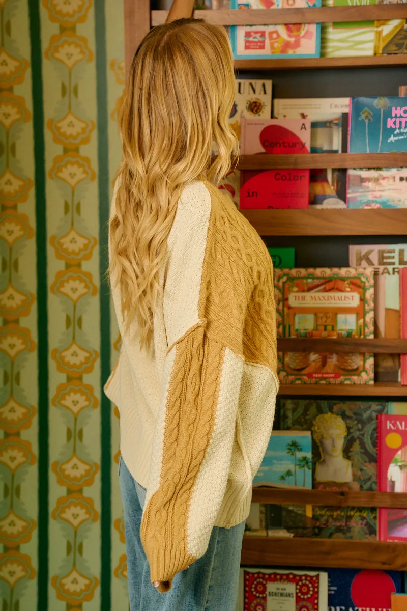 Cool Tone Practical Design IT4627S-01 | CABLE KNIT WITH HACCI COMBO TOP WITH UNEVEN HEM DETAIL