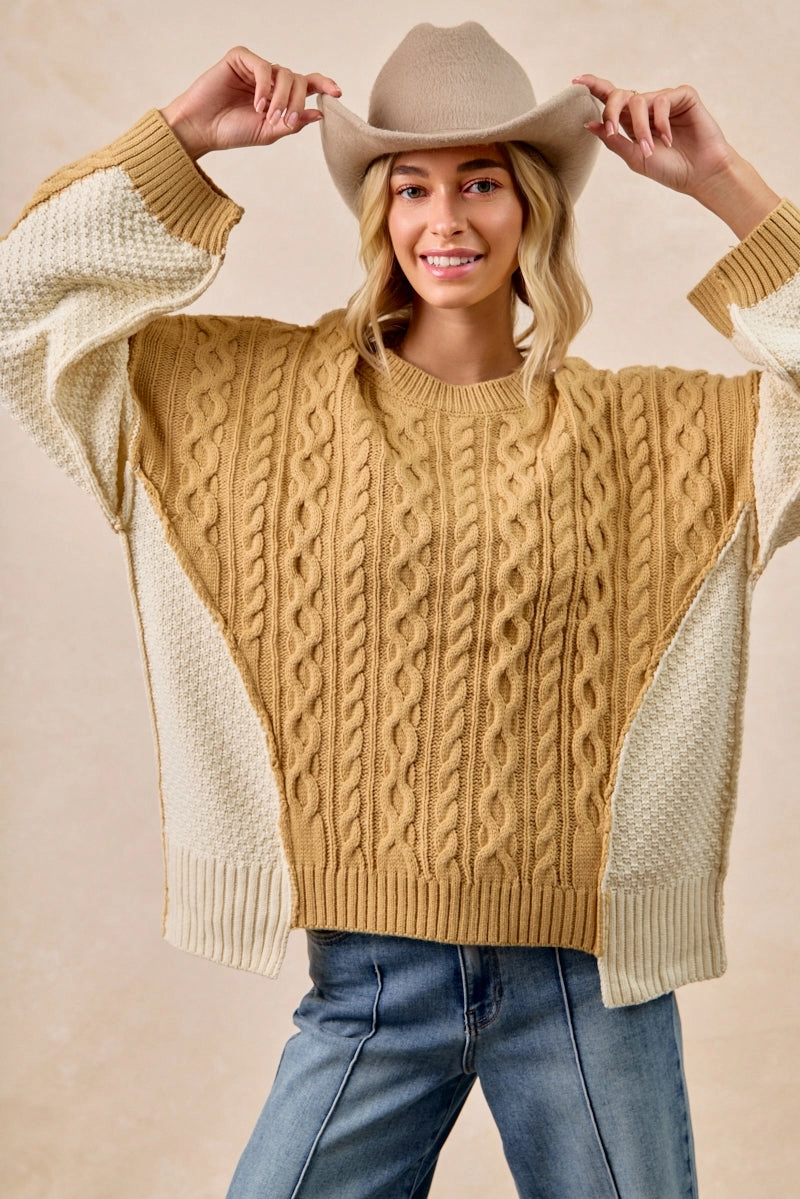 Indoor Comfort Air Flow IT4627S-01 | CABLE KNIT WITH HACCI COMBO TOP WITH UNEVEN HEM DETAIL