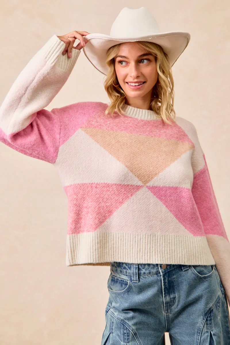 IT4629-01 | RIB BANDED COLORBLOCK SWEATER TOP Houndstooth Print