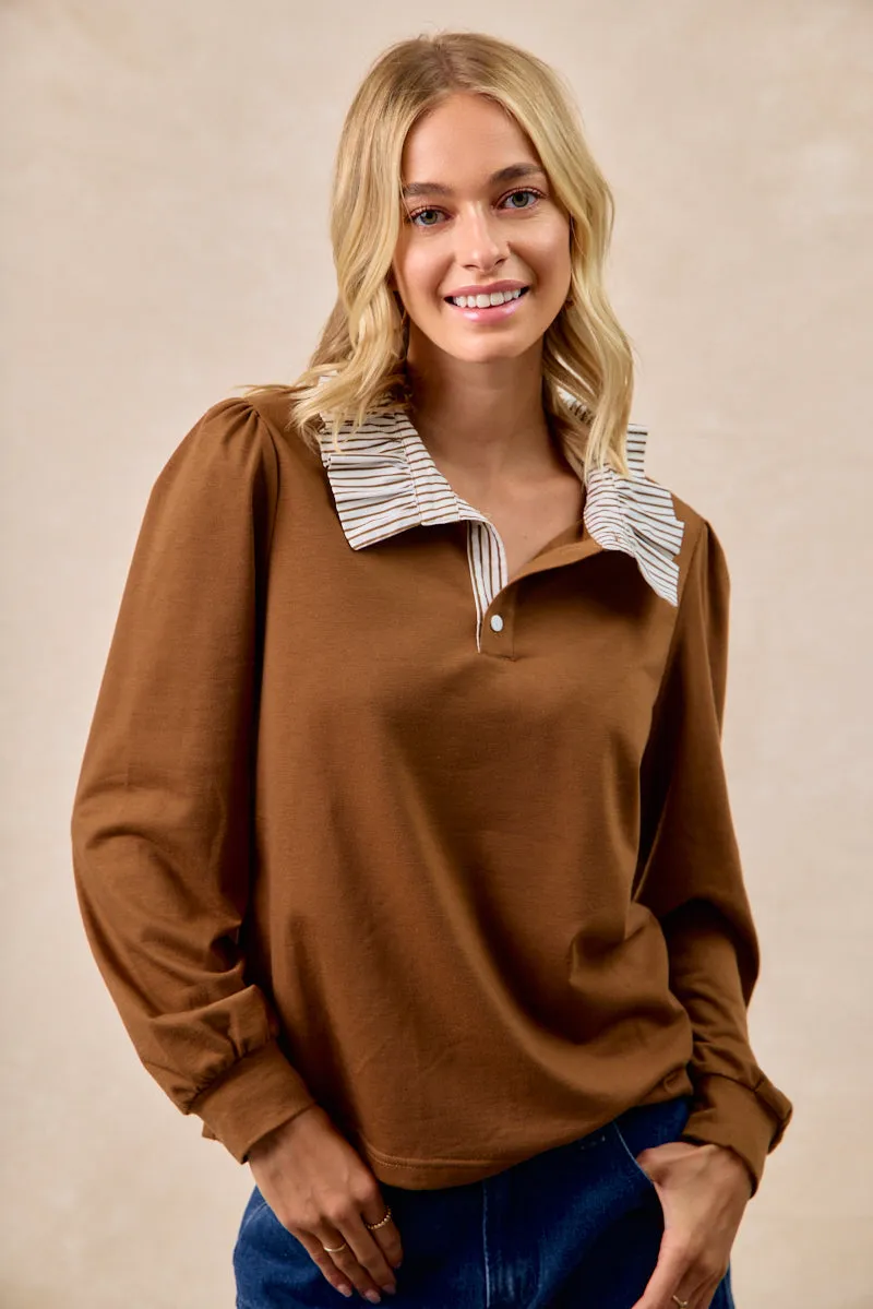 Clean Edge Piece Casual Chill Look IT4638S-01 | FRENCH TERRY STRIPE RUFFLED COALLERED TOP