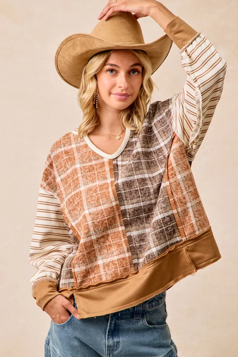 Quick Motion Street Style IT4639S-02 | PLAID AND STRIPE MIX AND MATCH TOP WITH OPEN SEAM