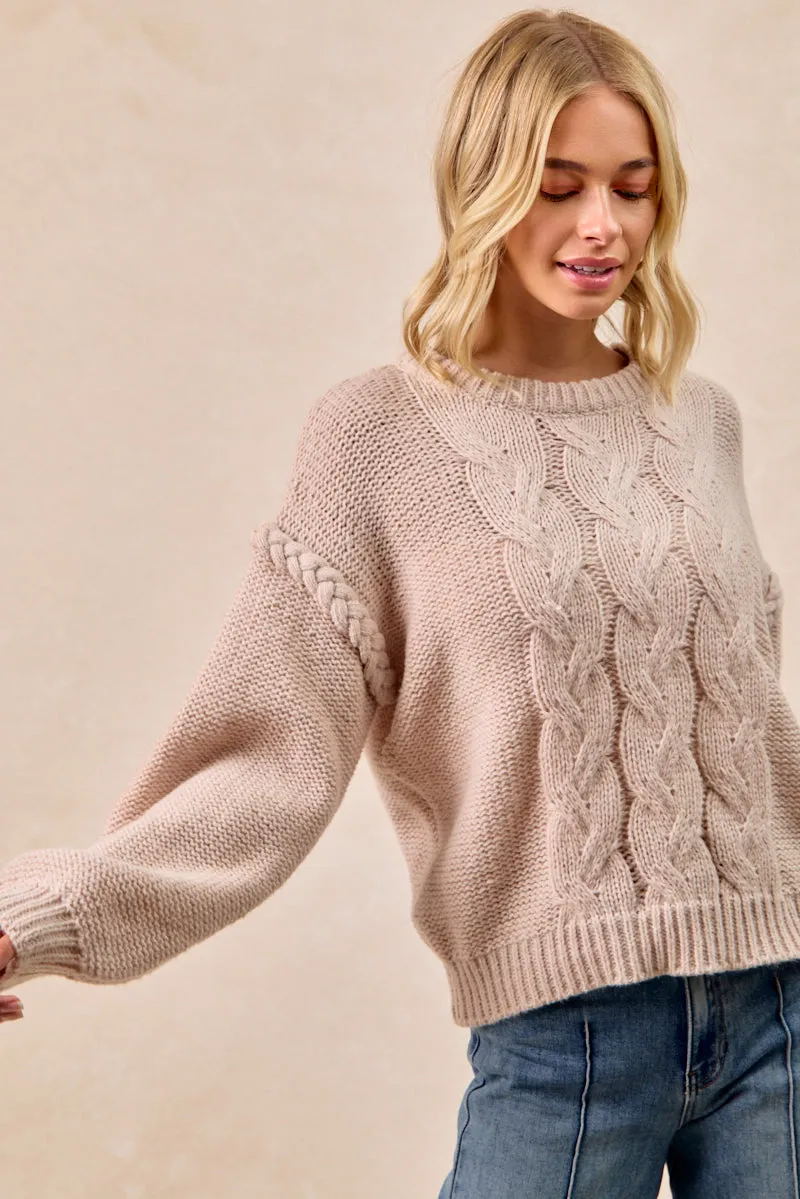 IT4645S-01 | CABLE KNIT SWEATER TOP WITH SHOULDER BRAID DETAIL Functional Layer Comfy Stretch