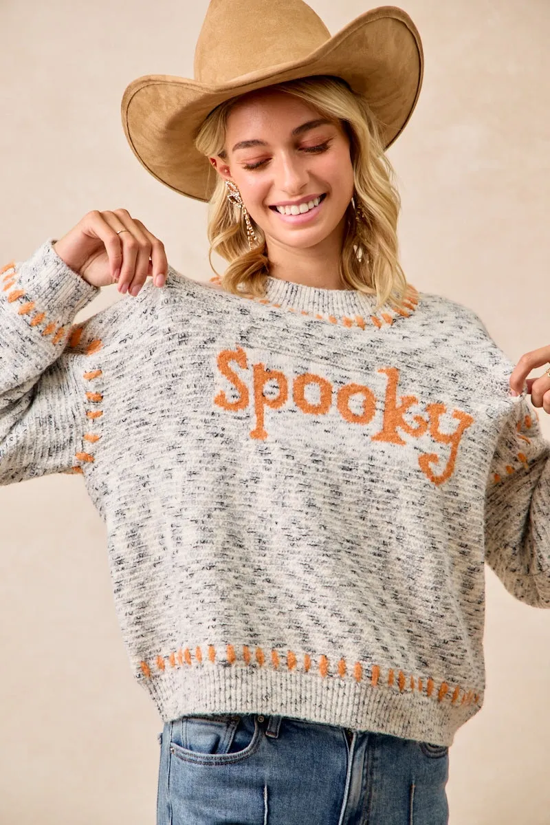 Tapered ankle IT4663S-01 | MELANGE SWEATR SPOOKY LETTER KNIT TOP WITH STITCH