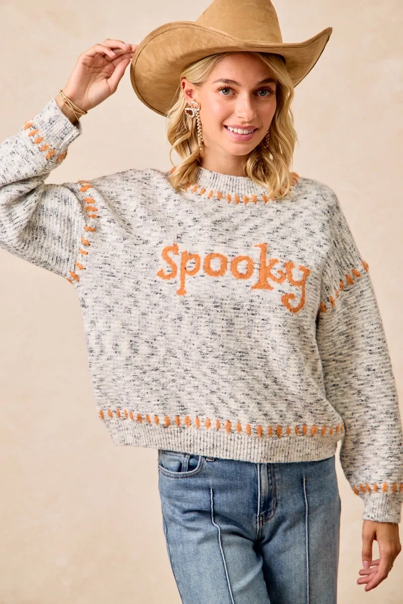 On The Go IT4663S-01 | MELANGE SWEATR SPOOKY LETTER KNIT TOP WITH STITCH