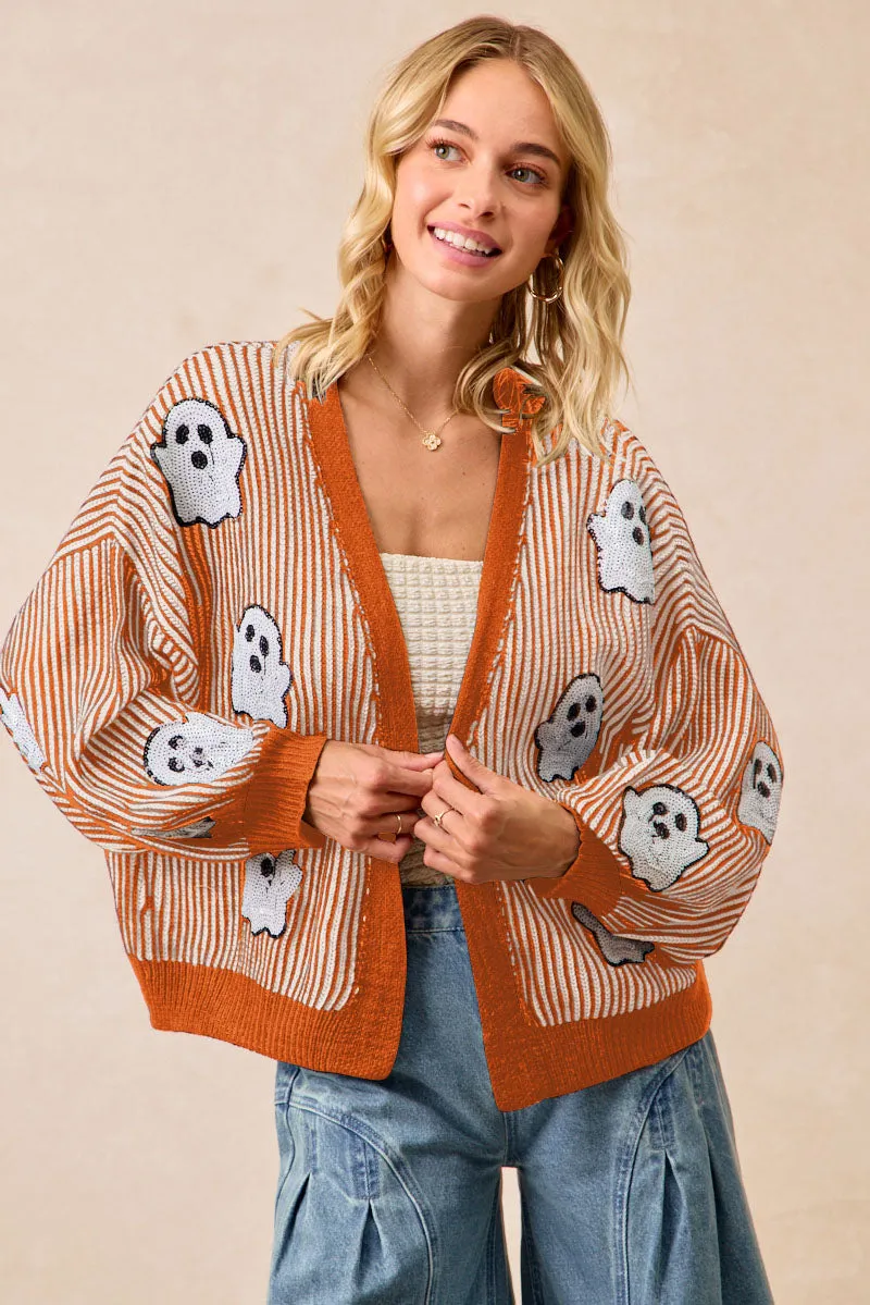 Mid Length Cold Weather IT4665S-01 | HALLOWEEN THEME KNIT CARDIGAN WITH GHOST SEQUINS