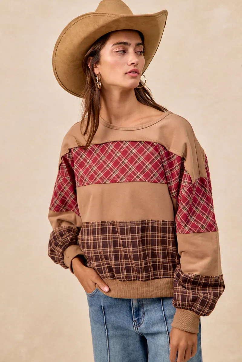 IT4668S-02 | PLAID AND TERRY MIX AND MATCH PULL OVER TOP Short Length Airy Cloth