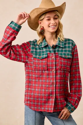 Airy Cloth Warmth Without Bulk IT4671H-01 | CHRISTMAS GINGHAM SHIRTS TOP WITH LAPEL COLLARED
