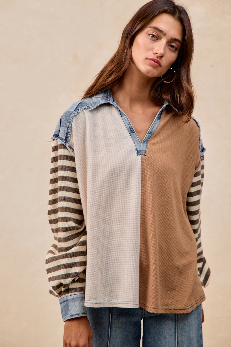 IT4673G-01 | CUT EDGE CHECKER DENIM WAFFLE MIX AND MATCH TOP Stretch fit Wrinkle Resistant