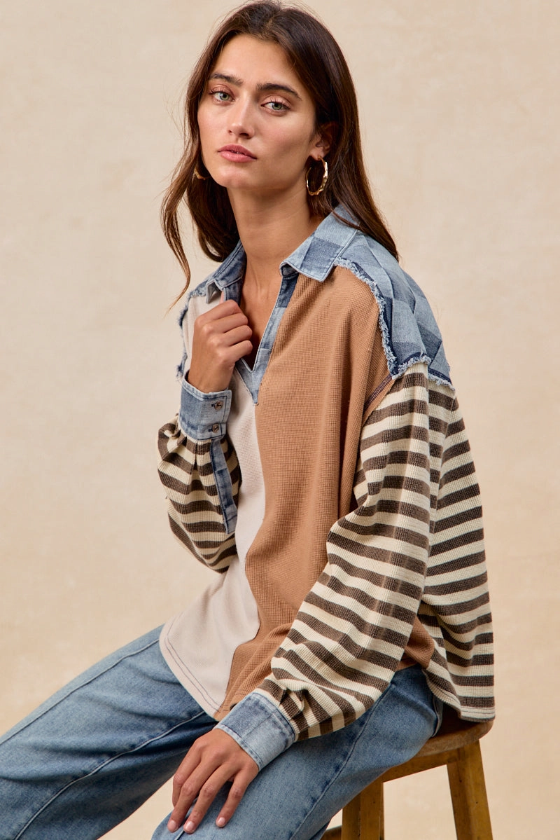 IT4673G-01 | CUT EDGE CHECKER DENIM WAFFLE MIX AND MATCH TOP Bootcut shape Layered Wear