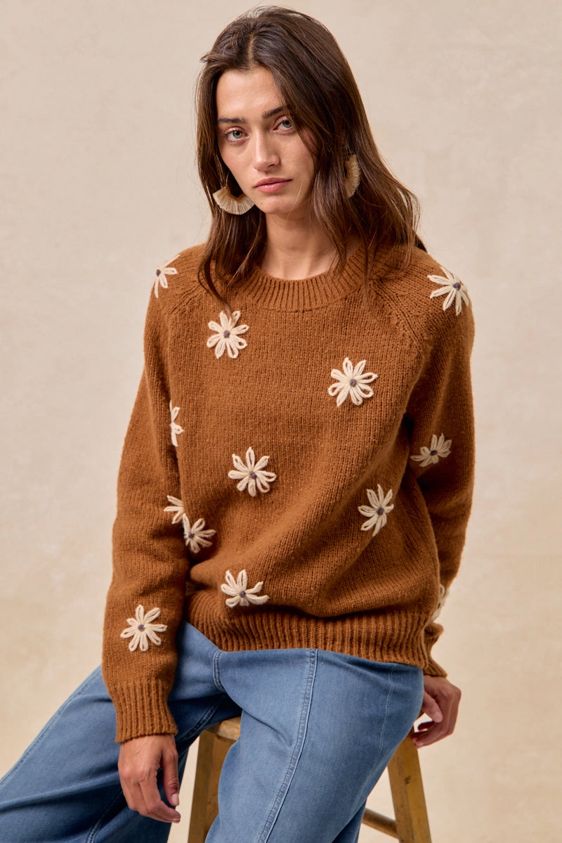 Commuter Ready Stable Shape IT4677-01 | FLOWER EMBROIDERED SWETAER WITH LONG SLEEVES