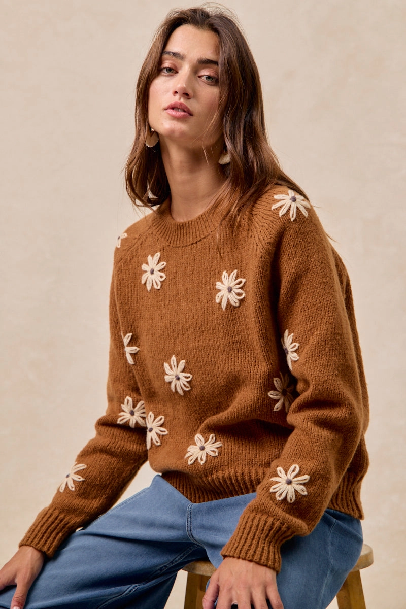 IT4677-01 | FLOWER EMBROIDERED SWETAER WITH LONG SLEEVES Casual chic Core Basic