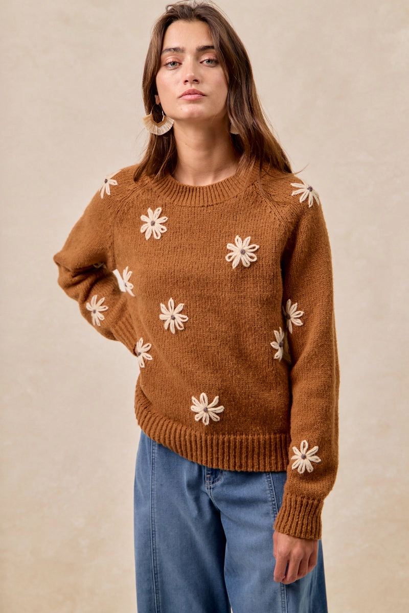 IT4677-01 | FLOWER EMBROIDERED SWETAER WITH LONG SLEEVES Thermal Lining