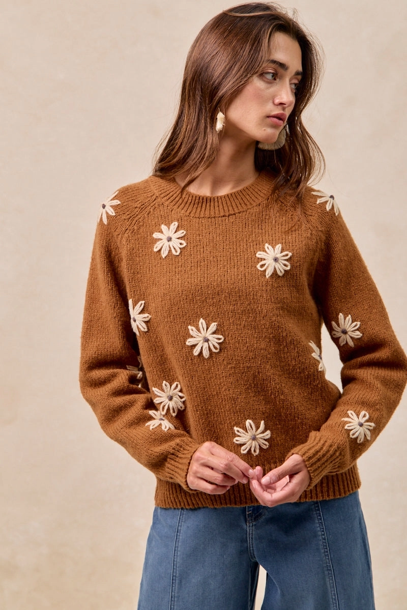 IT4677-01 | FLOWER EMBROIDERED SWETAER WITH LONG SLEEVES Comfortable Waistband Straight Leg