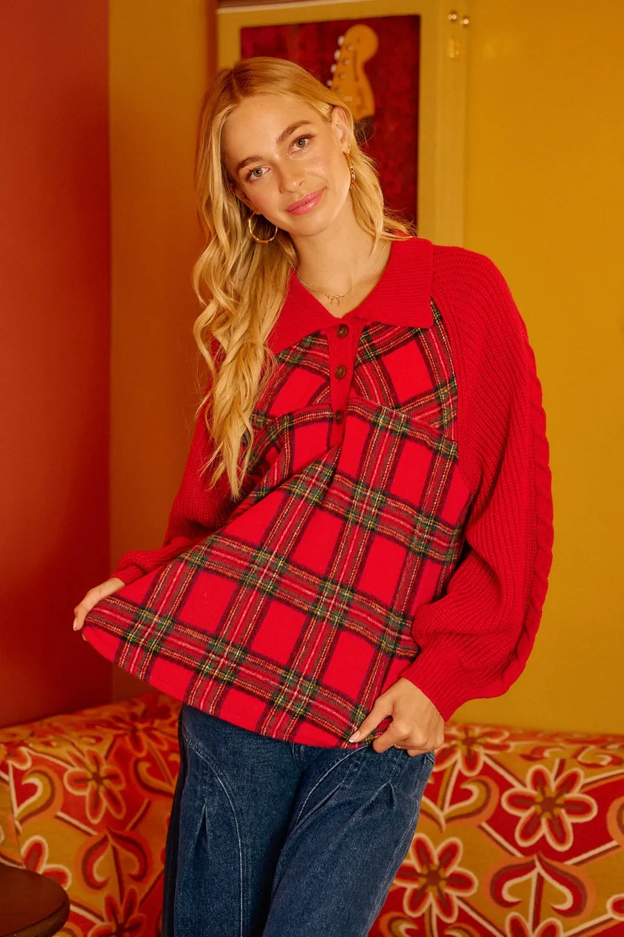 Smart Fit IT4688S-02 | CHRISTMAS PLAID BUTTONED COLLARED TOP WITH SWEATER