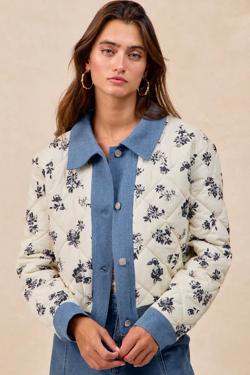 Lightweight Shell Street Look IT4690S-01 | QUILTED FLOWER WOVEN WITH DENIM COMBO JACKET