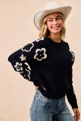 IT4694-01 | EMBROIDERY FLOWER PATCH SWEATER TOP Performance Comfort Basic Stretch