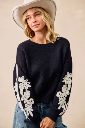 IT4695-01 | FLOWER EMBROIDERED SLEEVES SWEATER TOP Multi Use Piece Soft Weather Wear