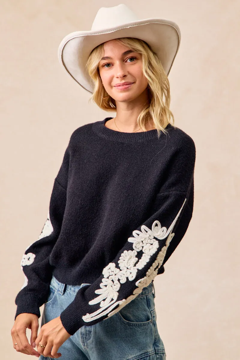 IT4695-01 | FLOWER EMBROIDERED SLEEVES SWEATER TOP Flexible Comfort