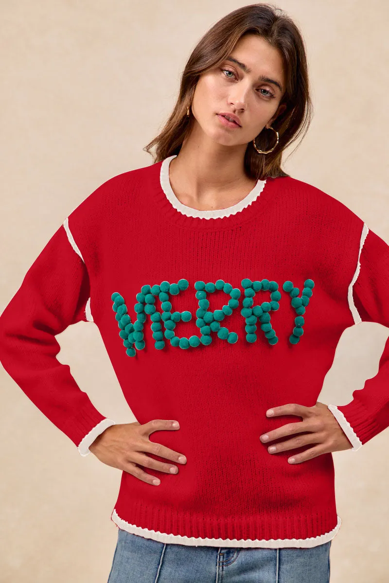 Work To Weekend Street Comfort Fit IT4702H-03 | CHRISTMAS THEME POMPOM LATTERING MERRY SWEATER TOP