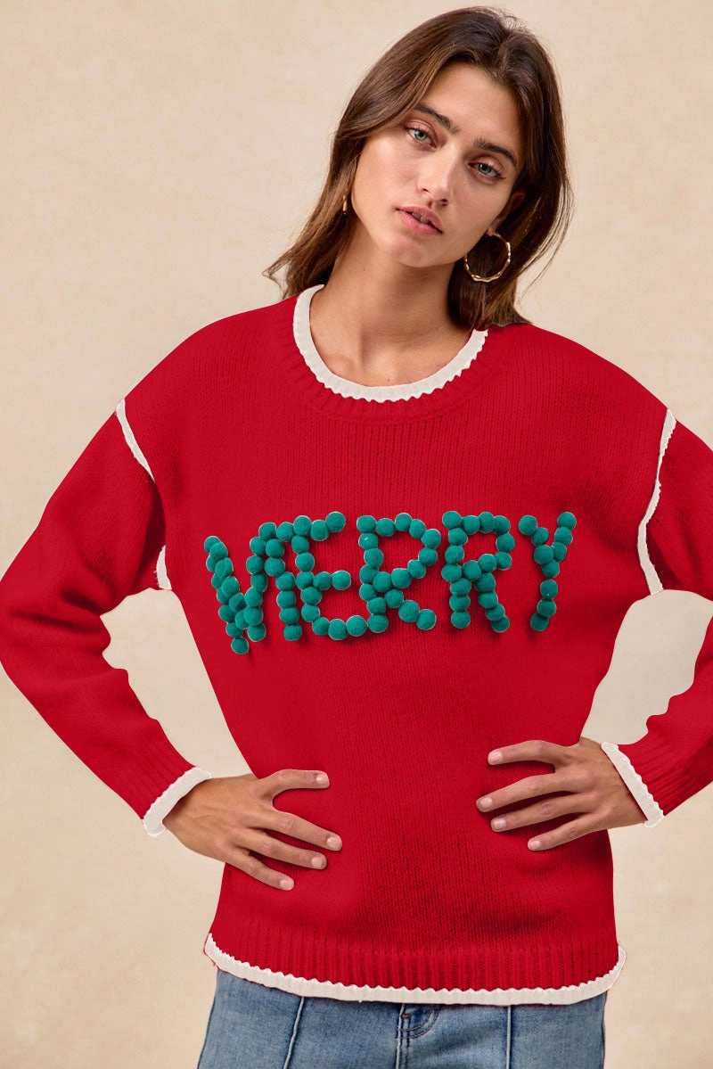 Knot-Detail Statement Detail IT4702H-03 | CHRISTMAS THEME POMPOM LATTERING MERRY SWEATER TOP