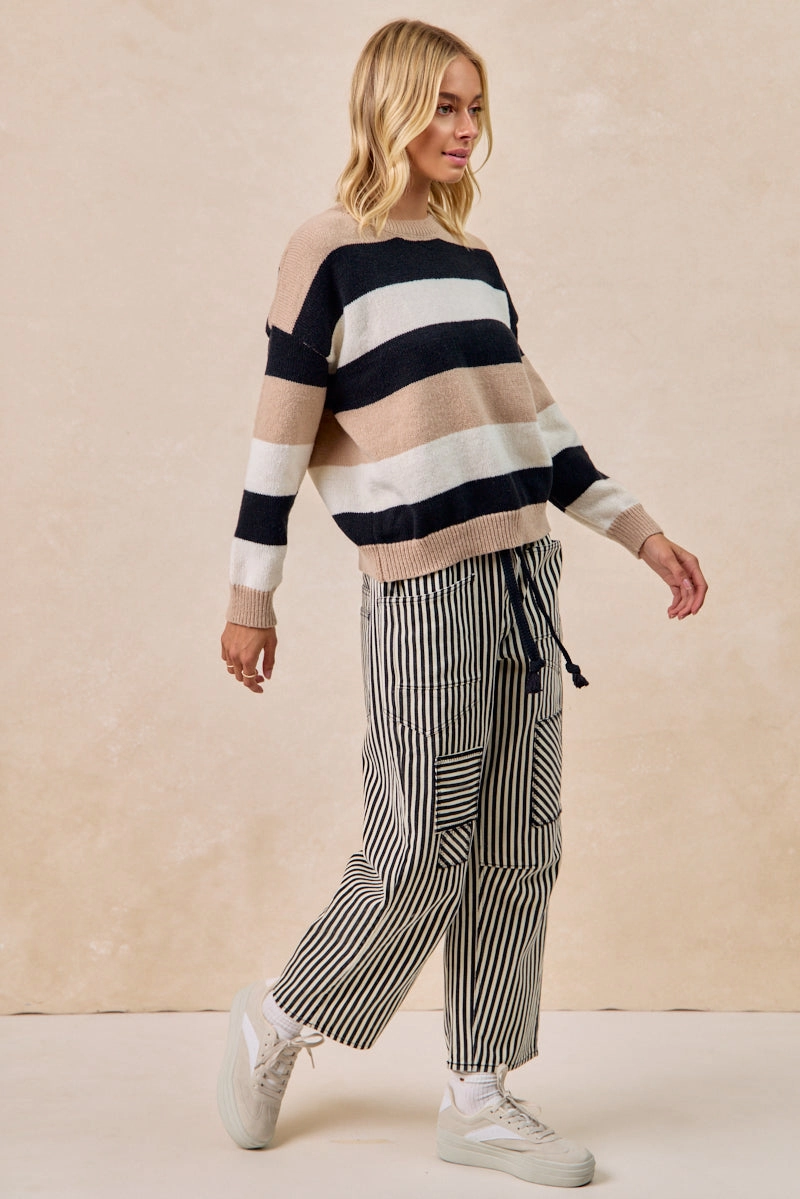 IT4710-01 | COLOR BLOCK STRIPED SWEATER TOP High Waist Street Inspired