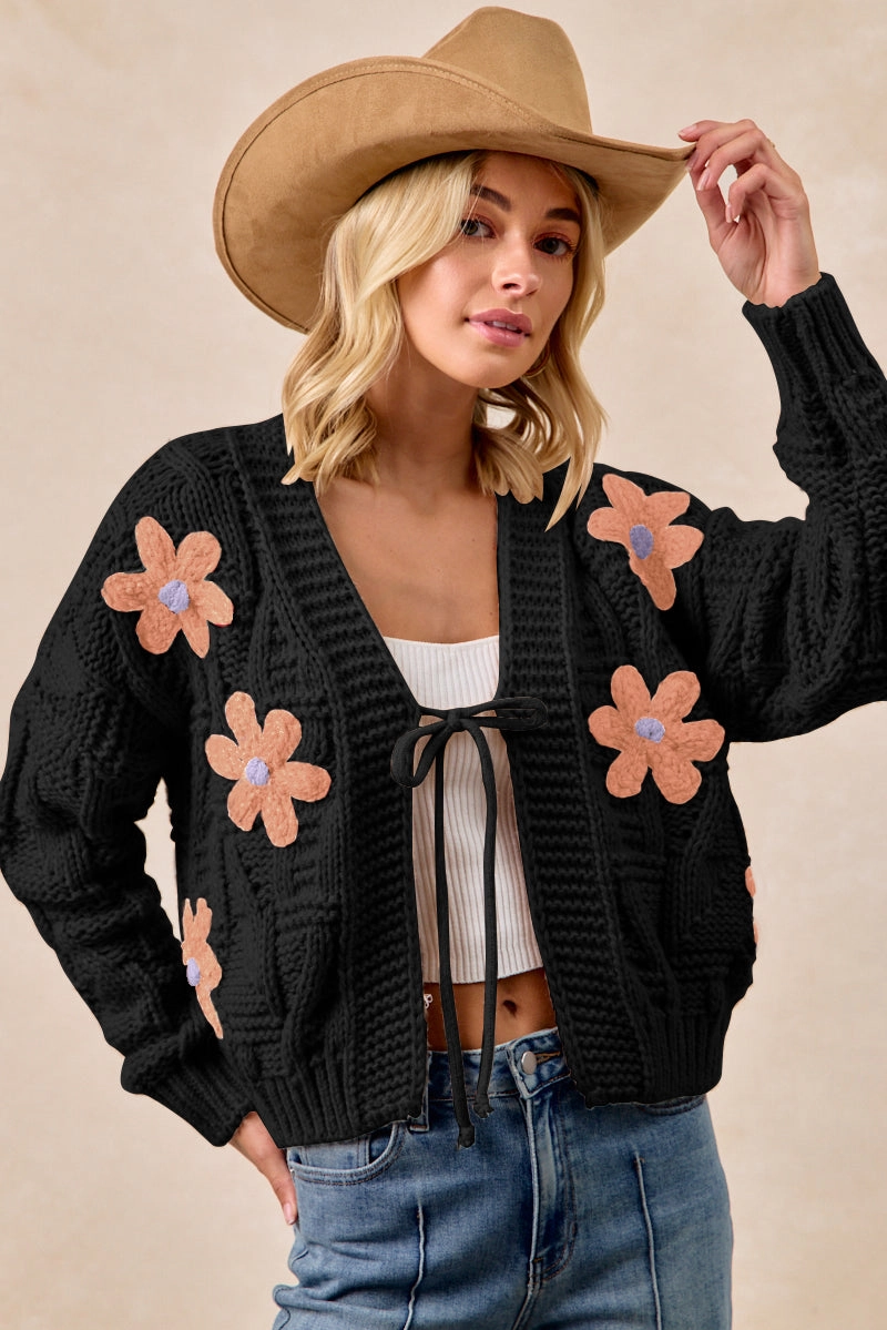 IT4711-01 | FLOWER PATCHED TEXTURE WEAVE SWEATER CARDIGAN Insulated Warmth