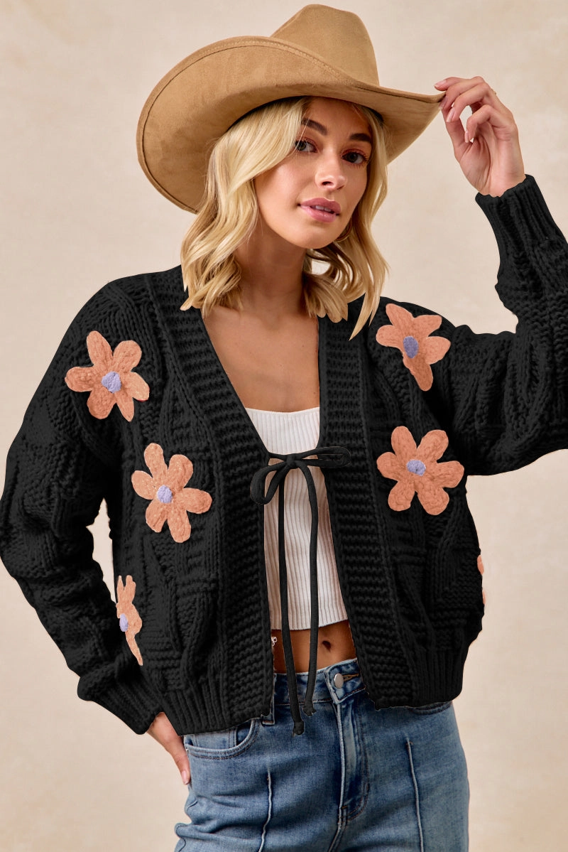 IT4711-01 | FLOWER PATCHED TEXTURE WEAVE SWEATER CARDIGAN Basic Fit Seasonal Favorite