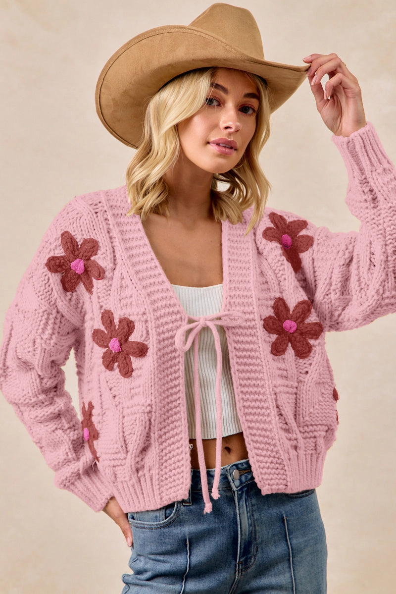 IT4711-01 | FLOWER PATCHED TEXTURE WEAVE SWEATER CARDIGAN Thick Fabric Soft Cover