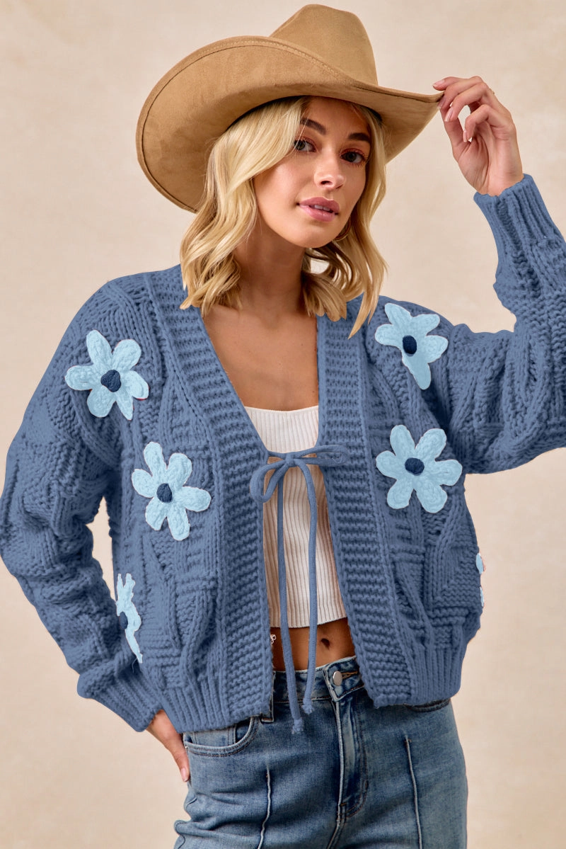 IT4711-01 | FLOWER PATCHED TEXTURE WEAVE SWEATER CARDIGAN Bomber Cut Active Daily Wear