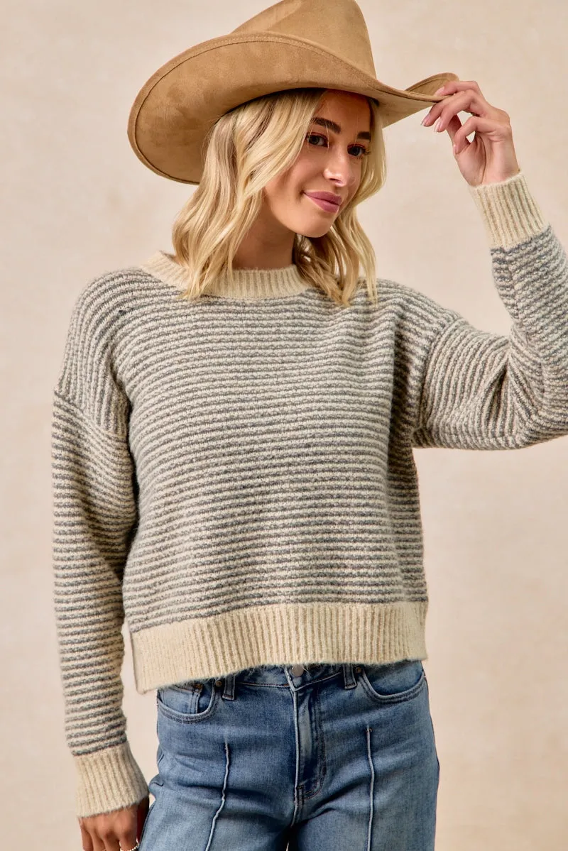 IT4716-01 | TWO TONE STRIPED SWEATER TOP Crisp Look