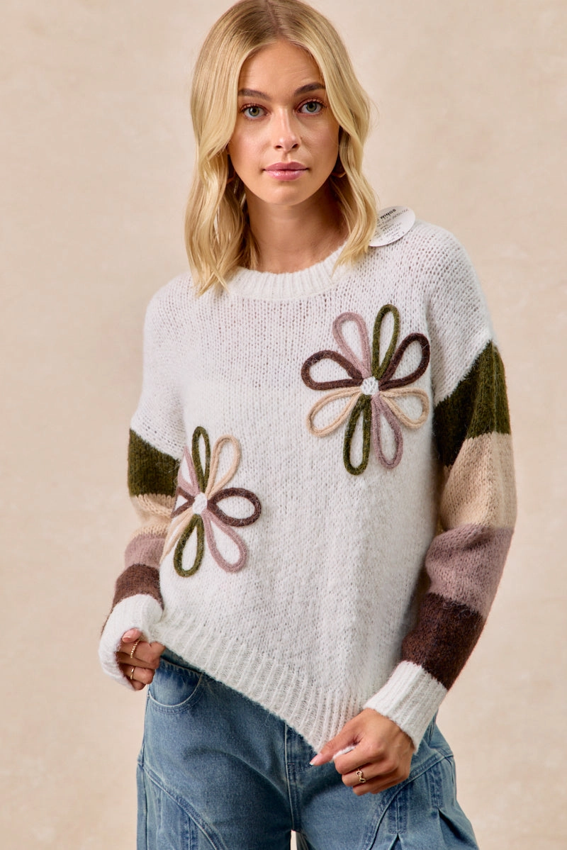 Stretchy Material Core Ease IT4721-01 | FLOWER COLOR BLOCK SWEATER TOP