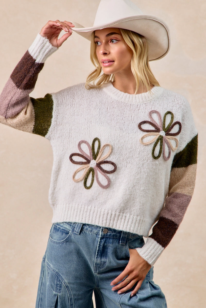 IT4721-01 | FLOWER COLOR BLOCK SWEATER TOP Street Comfort Work Friendly
