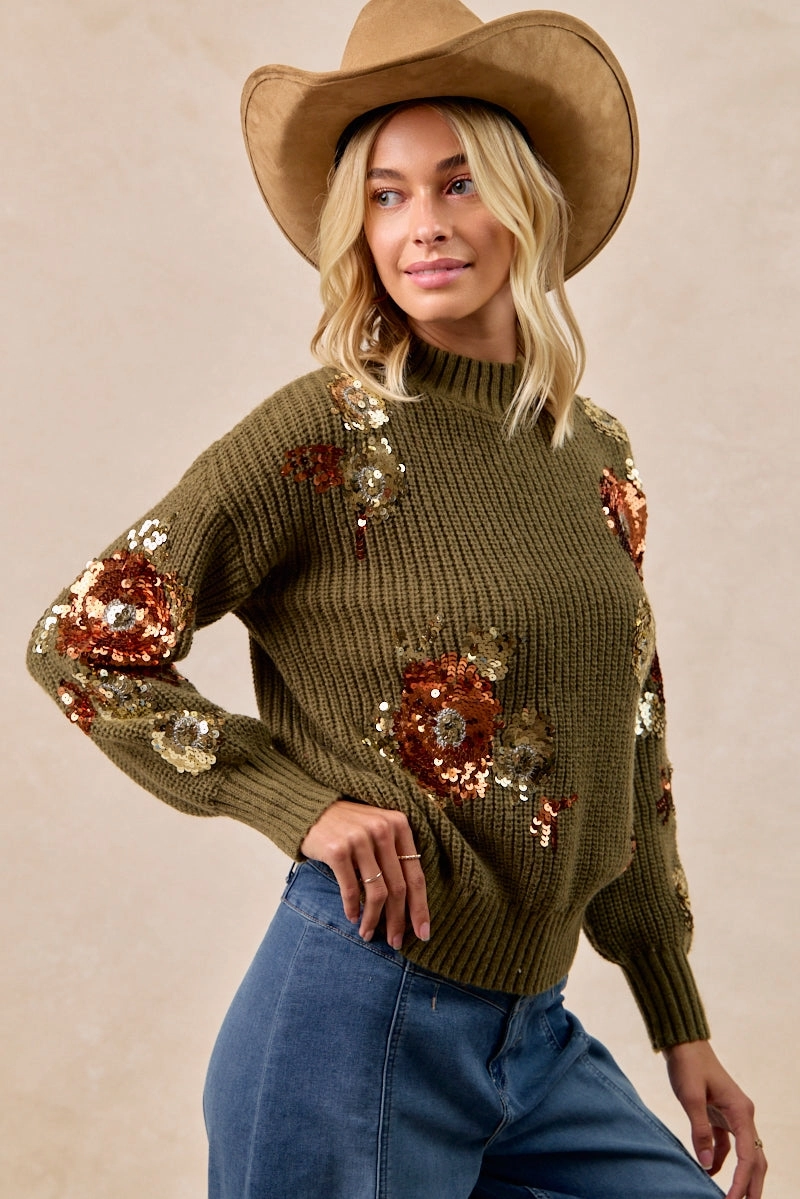 IT4723-01 | FLOWER SEQUIN EMBROIDERED SWEATER TOP MOCK NECK Office Ready