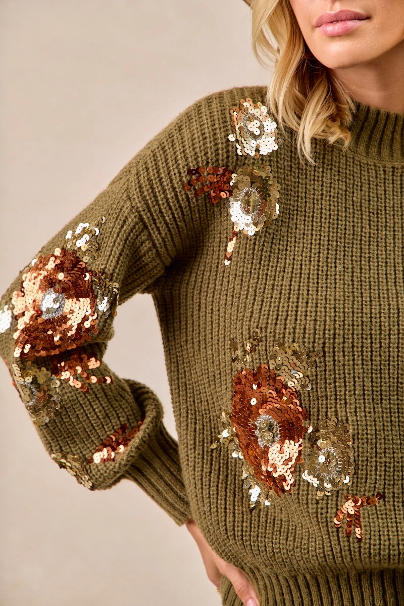 Versatile Look IT4723-01 | FLOWER SEQUIN EMBROIDERED SWEATER TOP MOCK NECK