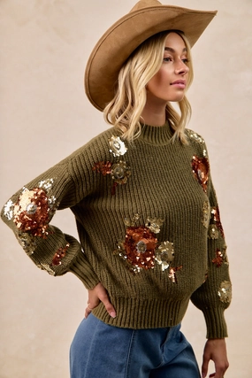 Quick Wash IT4723-01 | FLOWER SEQUIN EMBROIDERED SWEATER TOP MOCK NECK