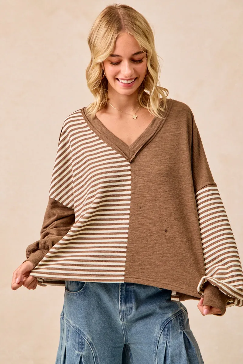 Freedom Motion IT4731S-02 | SLUB KNIT WITH STRIPE COMBO V NECK TOP